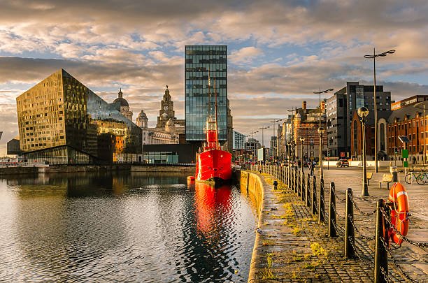 Liverpool's historic waterfront with modern and old architecture at sunset